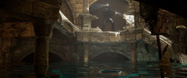 3d rendering from Gemini Man (2019) of the bottom of the cistern showing multiple escape routes among the crumbling architecture.