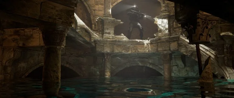 3d rendering from Gemini Man (2019) of the bottom of the cistern showing multiple escape routes among the crumbling architecture.