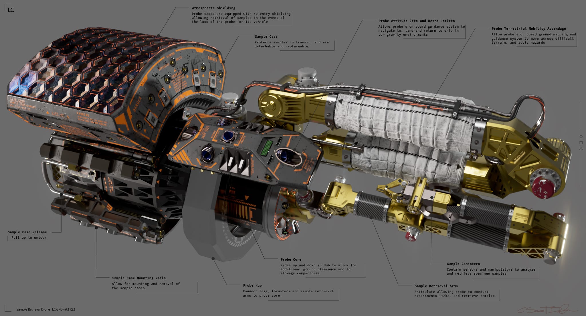 ''Venom' Spider Drone modeling sheet showing major components and descriptions, 1 of 3